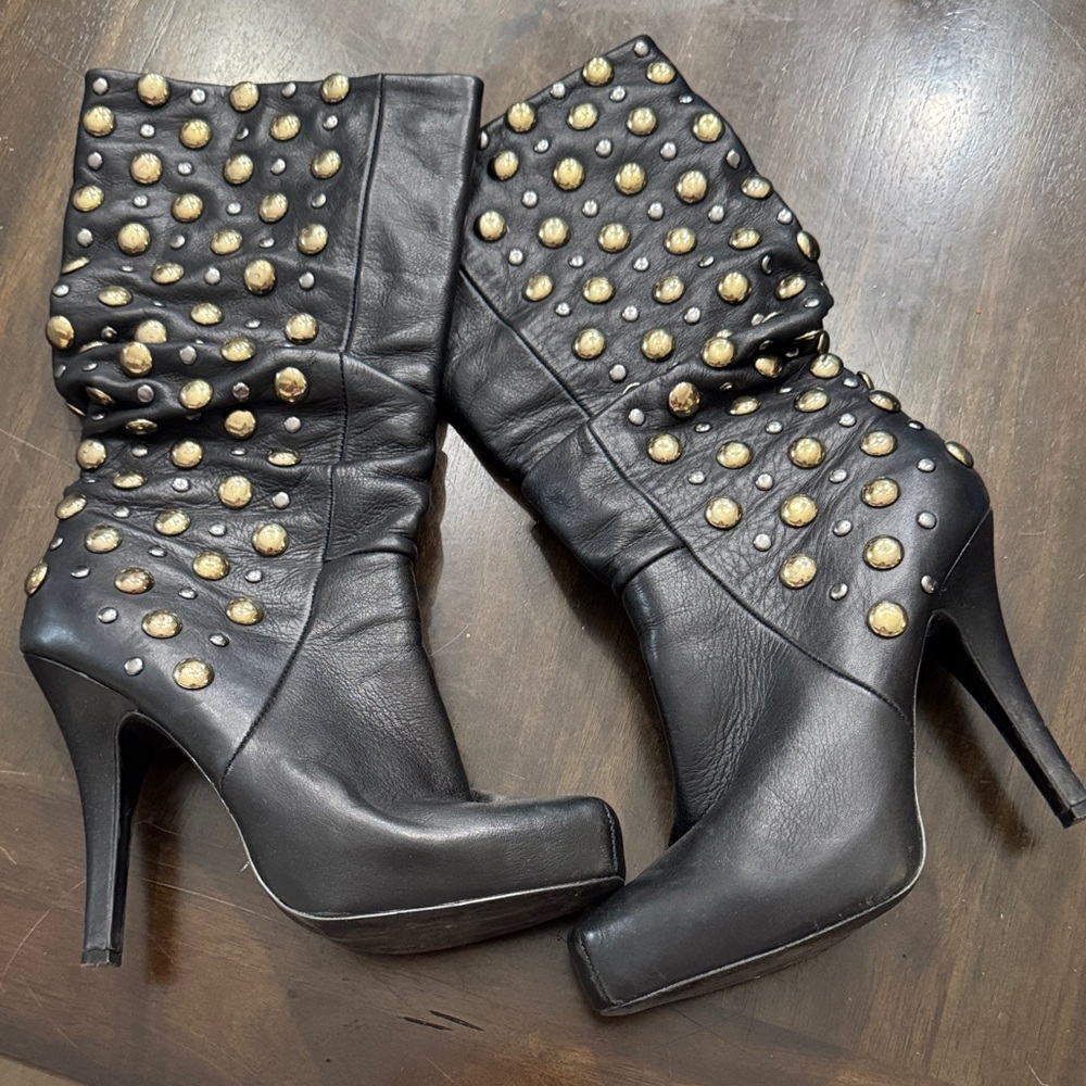 Elegant Black and Gold Studded Heeled Boots